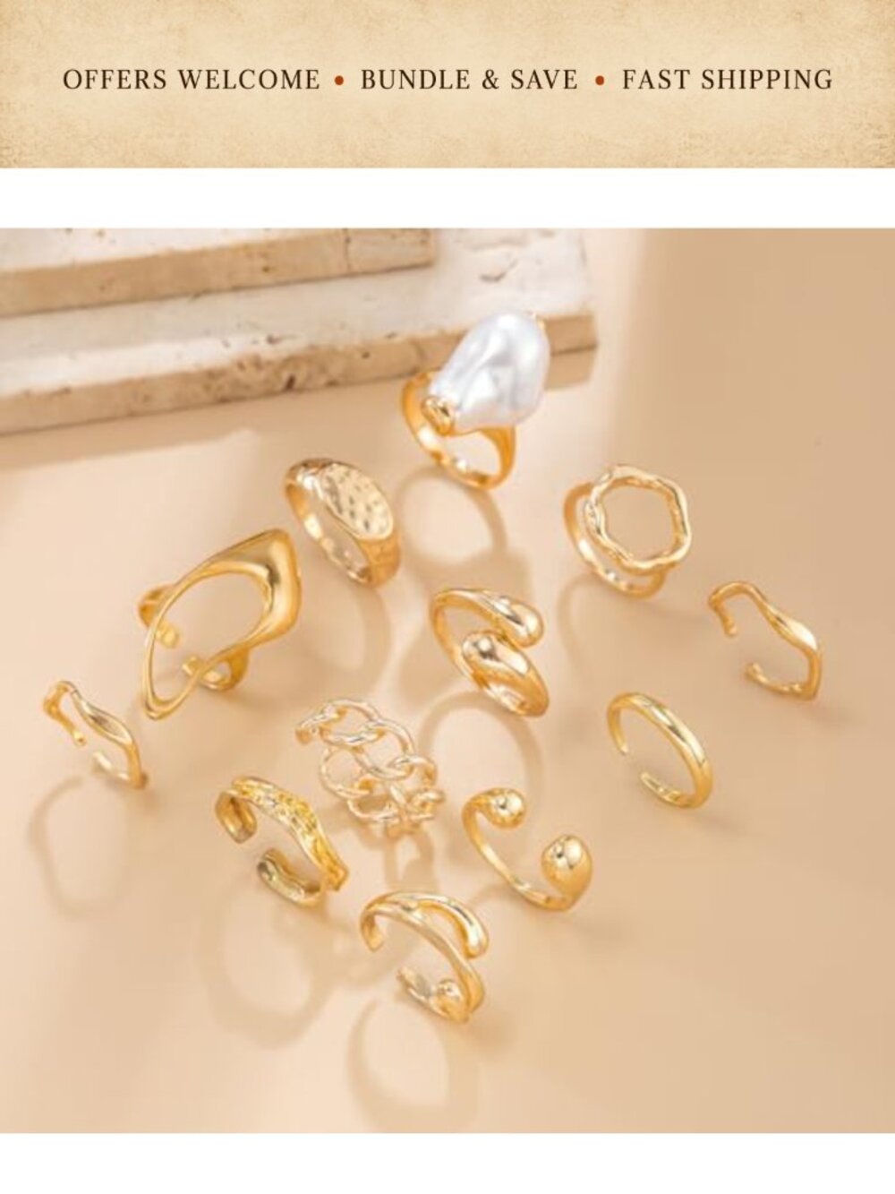 Chunky Pearl Rings Set Open Adjustable Stacking Rings - Picture 4 of 6